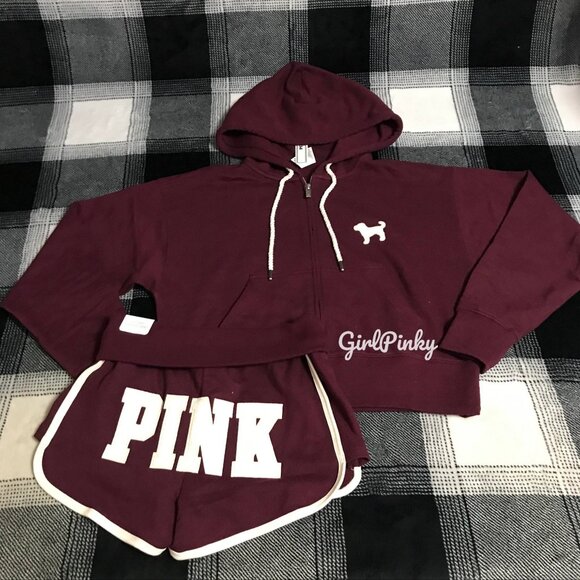 VS PINK IVY TERRY SHORTS OUTFIT & FULL ZIP BURGUNDY WITH LOGO ON THE BUTT XS-XXL - Picture 1 of 8